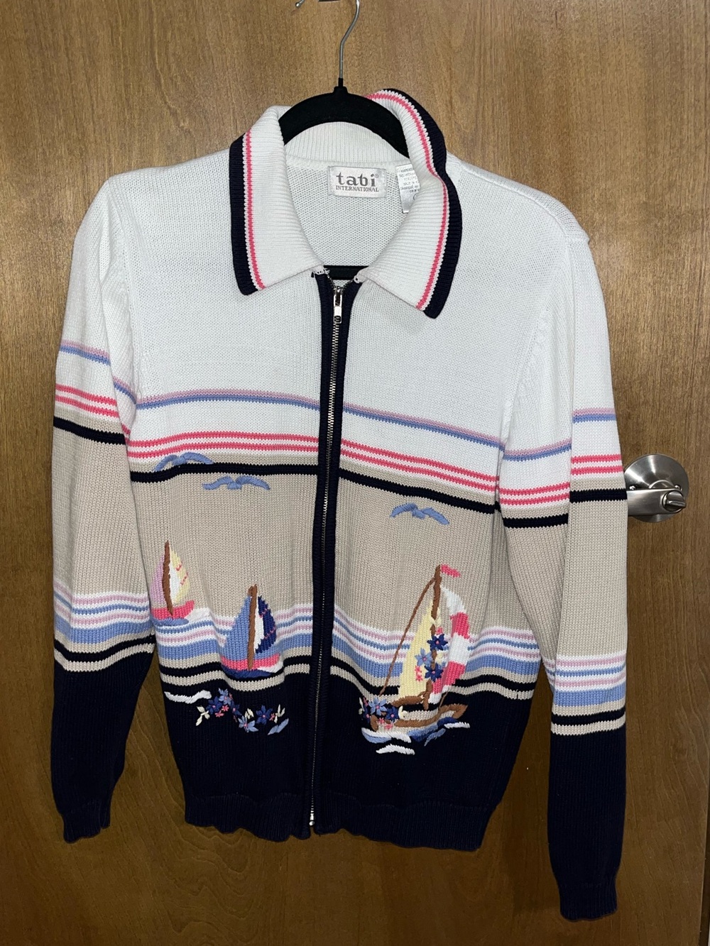 Small Vintage White & Navy Zip-Front Sailboat Sweater